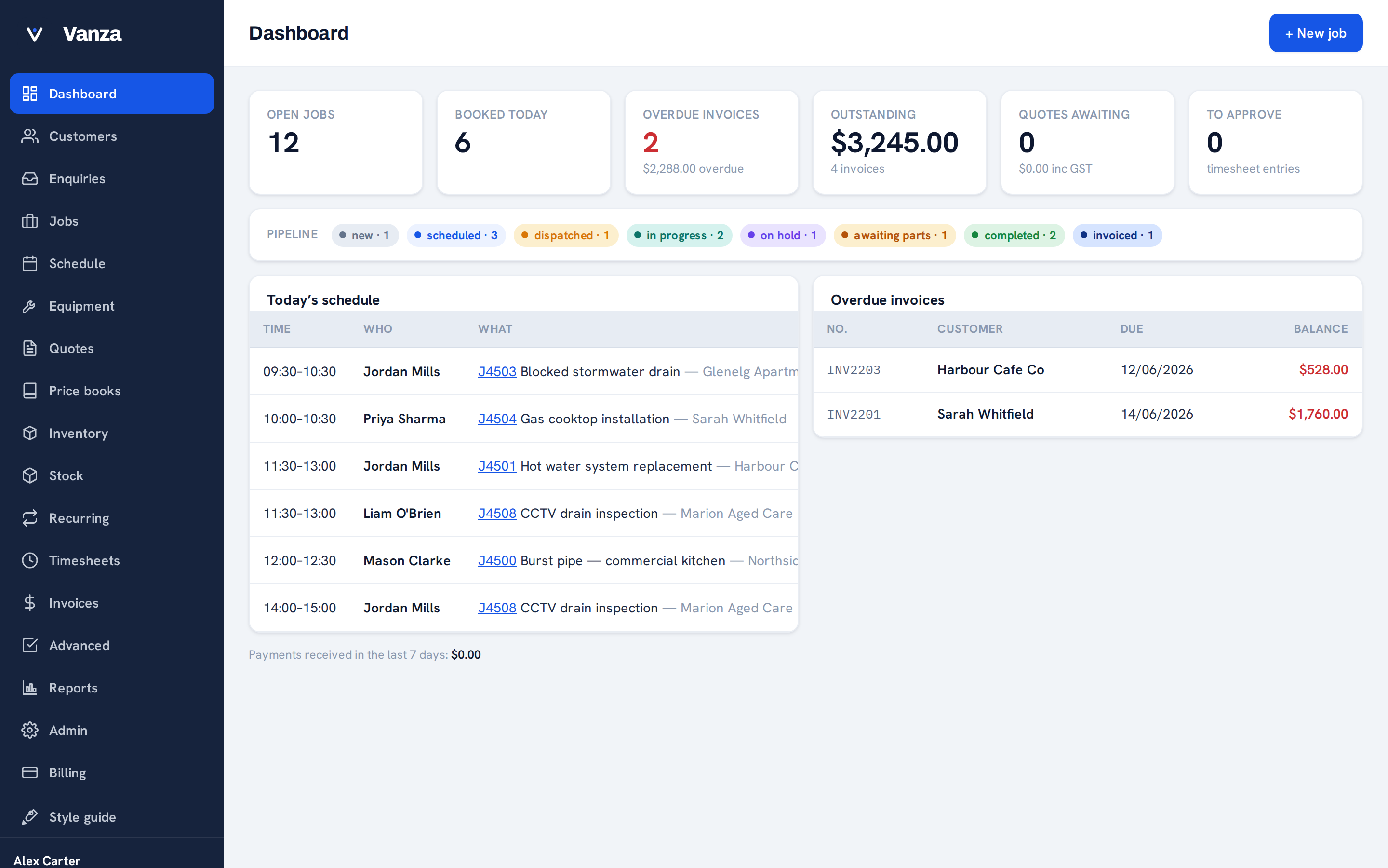 Vanza office dashboard on a desktop