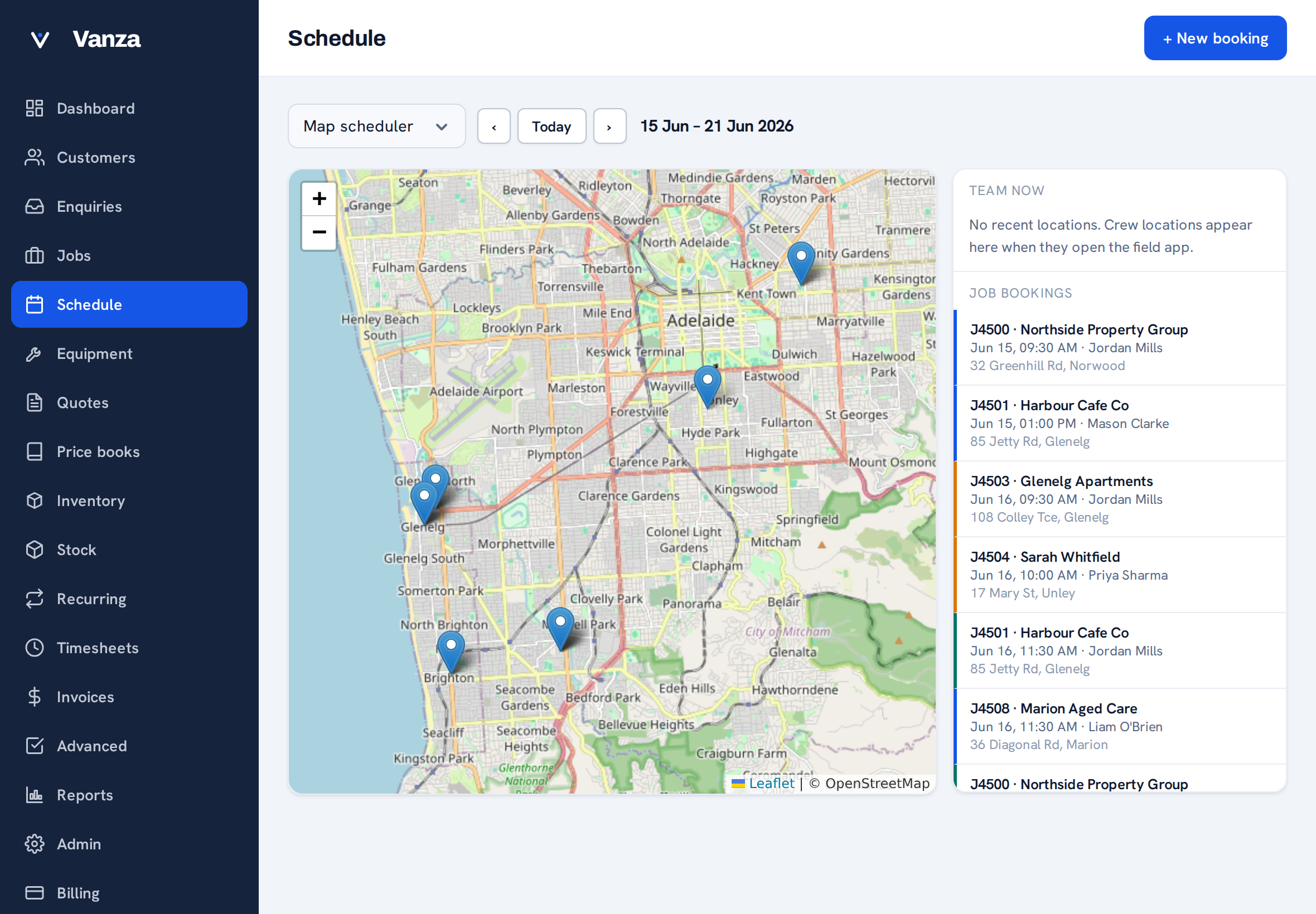 Vanza map scheduler on a tablet showing job locations across town